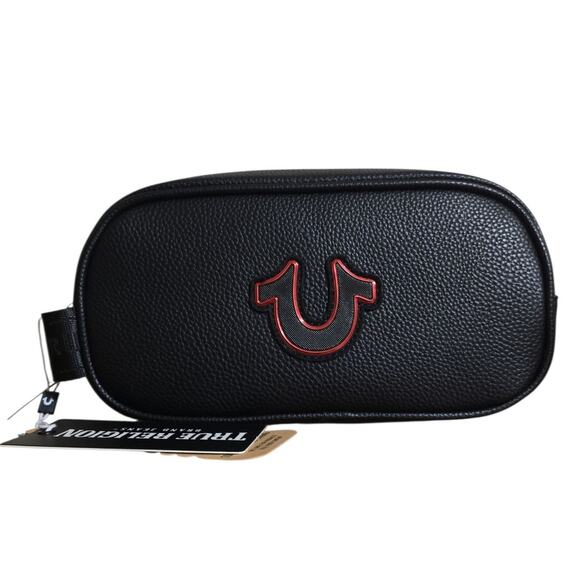 True Religion Travel Bag Dopp Kit Black Faux Leather Horseshoe Logo Shaving Kit - Picture 1 of 8